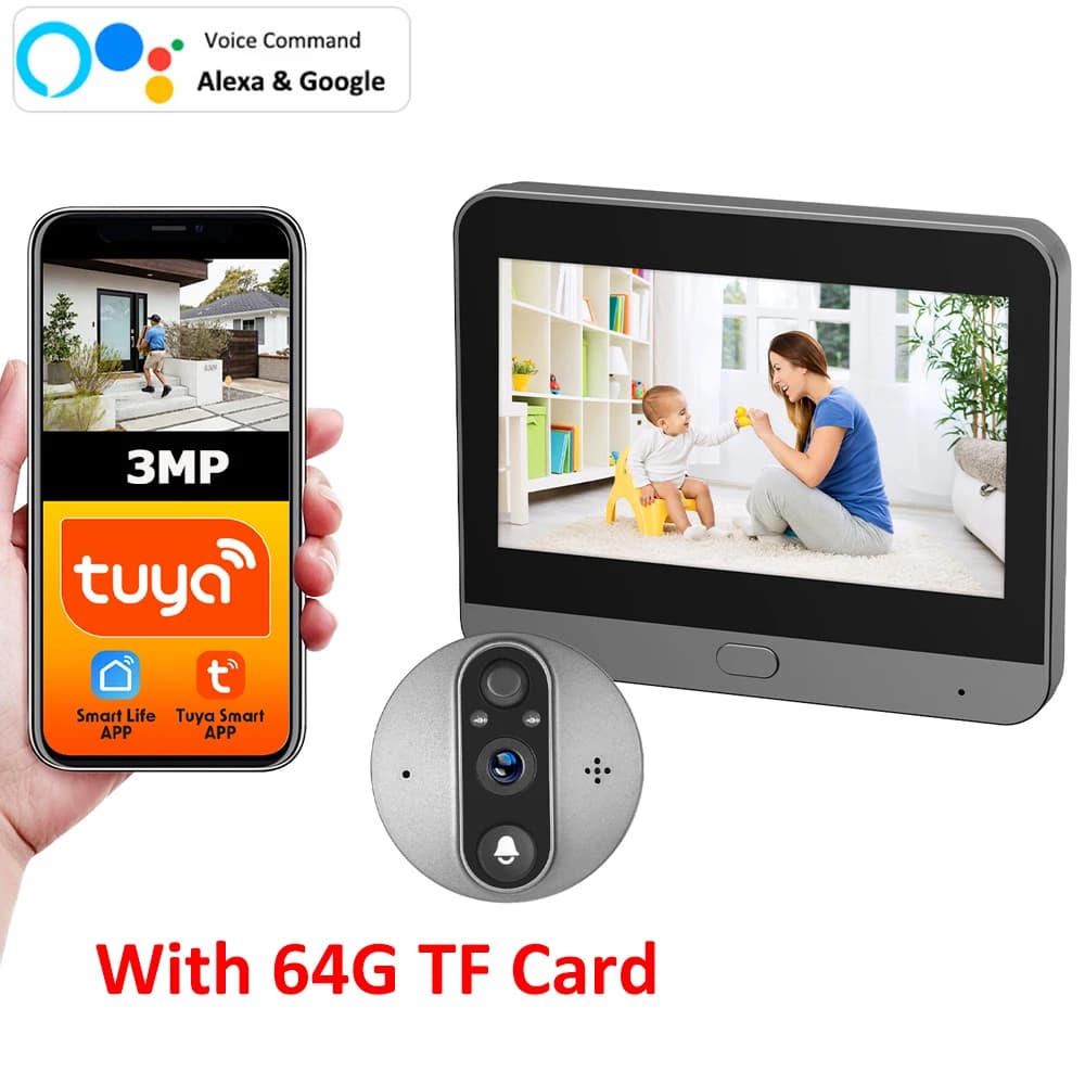 3MP Tuya Smart Life WiFi Batteria Spioncino Foro per porta Visualizzatore Alexa Google Audio bidirezionale Videocitofono Campanello Telecamera 64G TF Card Include