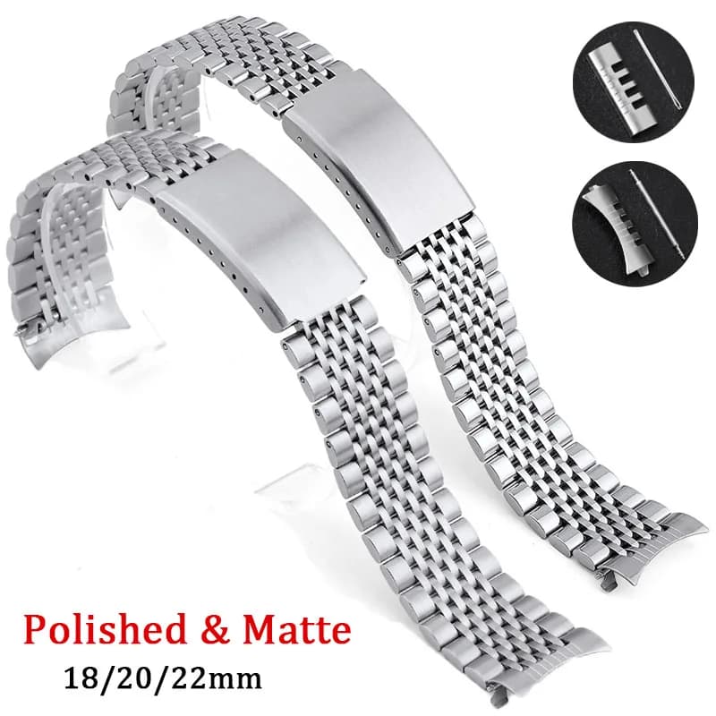 Curved Flat End Stainless Steel Strap 18mm 20mm 22mm Band for Seiko for Omega Bracelet Folding Buckle Polished Matte Wristband