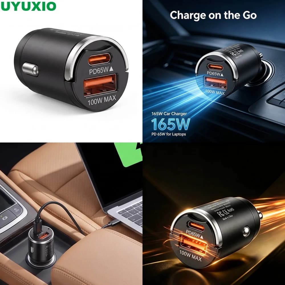165W Two Port Car Charger 65W USB C PD and 100W USB A Fast Charge Durable Zinc Alloy Mini Body for Cars Trucks SUVs and Travel