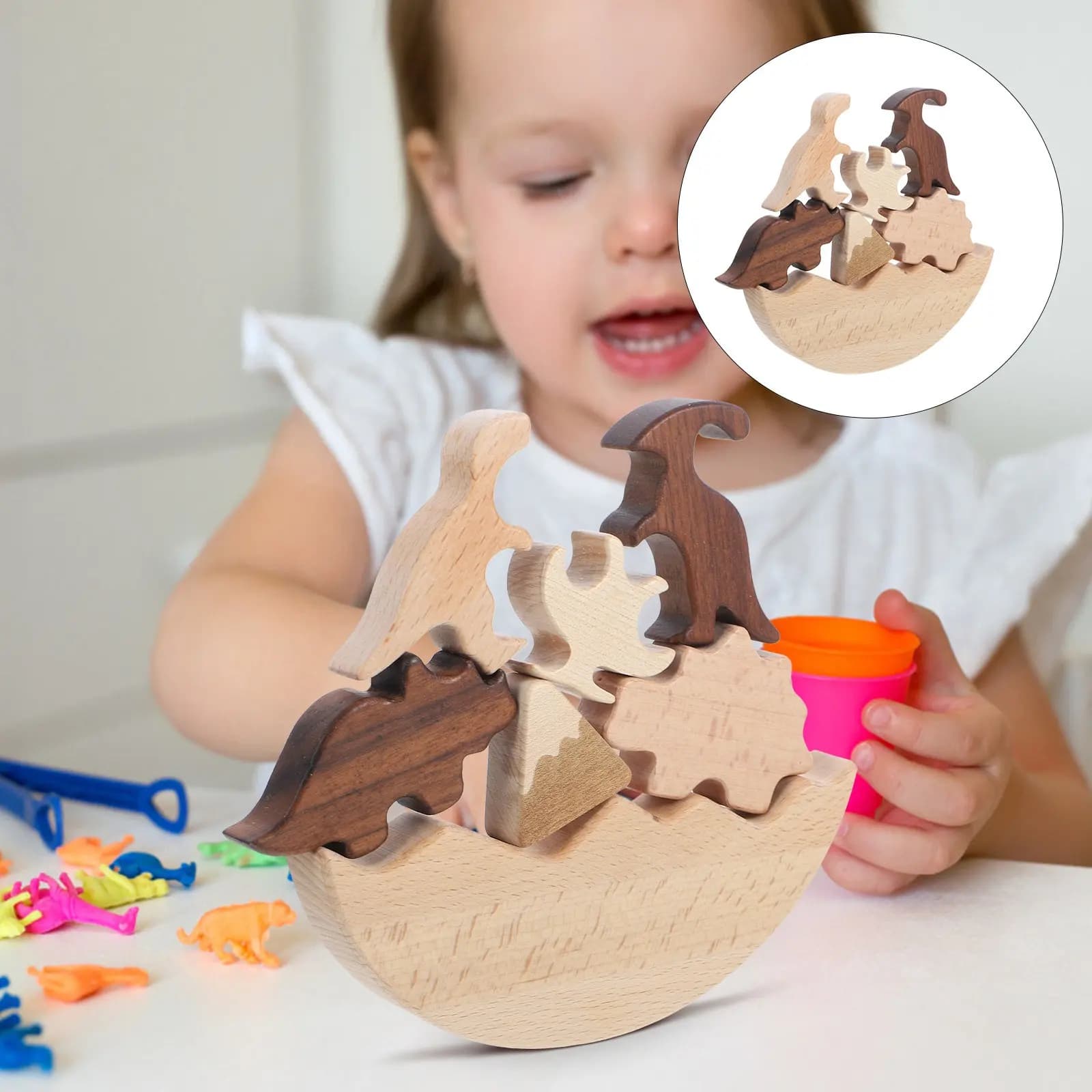 1 set di blocchi di equilibrio in legno a forma di dinosauro, gioco educativo con forme di animali, giocattolo colorato per bambini