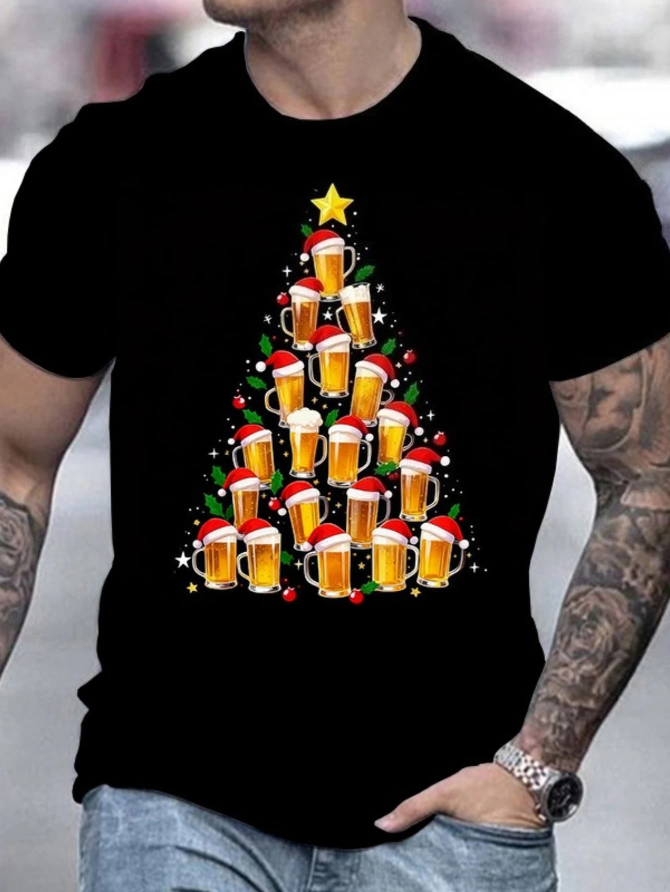 T-shirt da uomo con albero di Natale e birra con stampa Lager e Ale - Top girocollo a maniche corte dal design divertente con tazza di birra