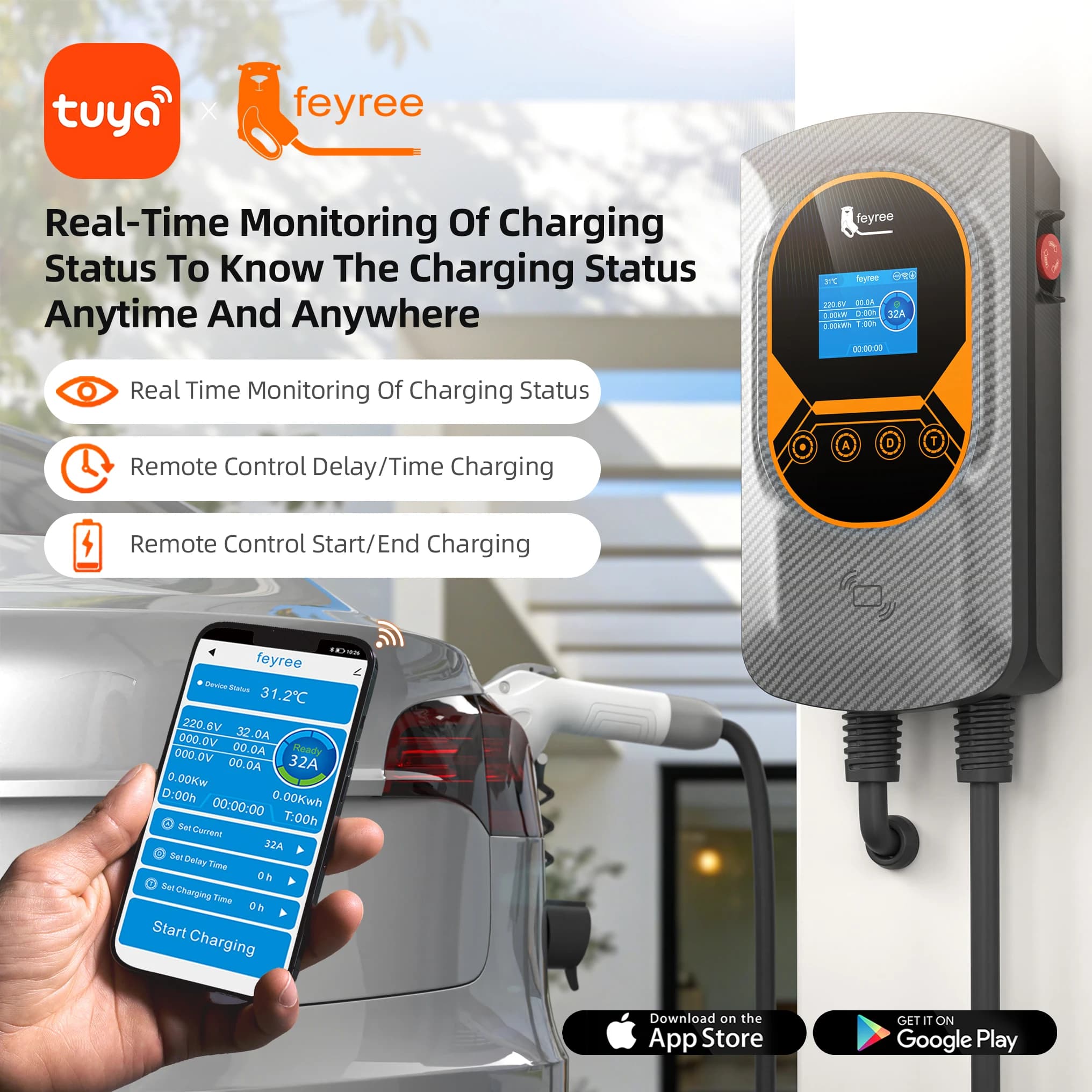 Feyree WIFI Bluetooth Control with DLB Function12kW EV Charging Wallbox Adjustable Current Type 1 7kW 9.6kW EV Home Charger