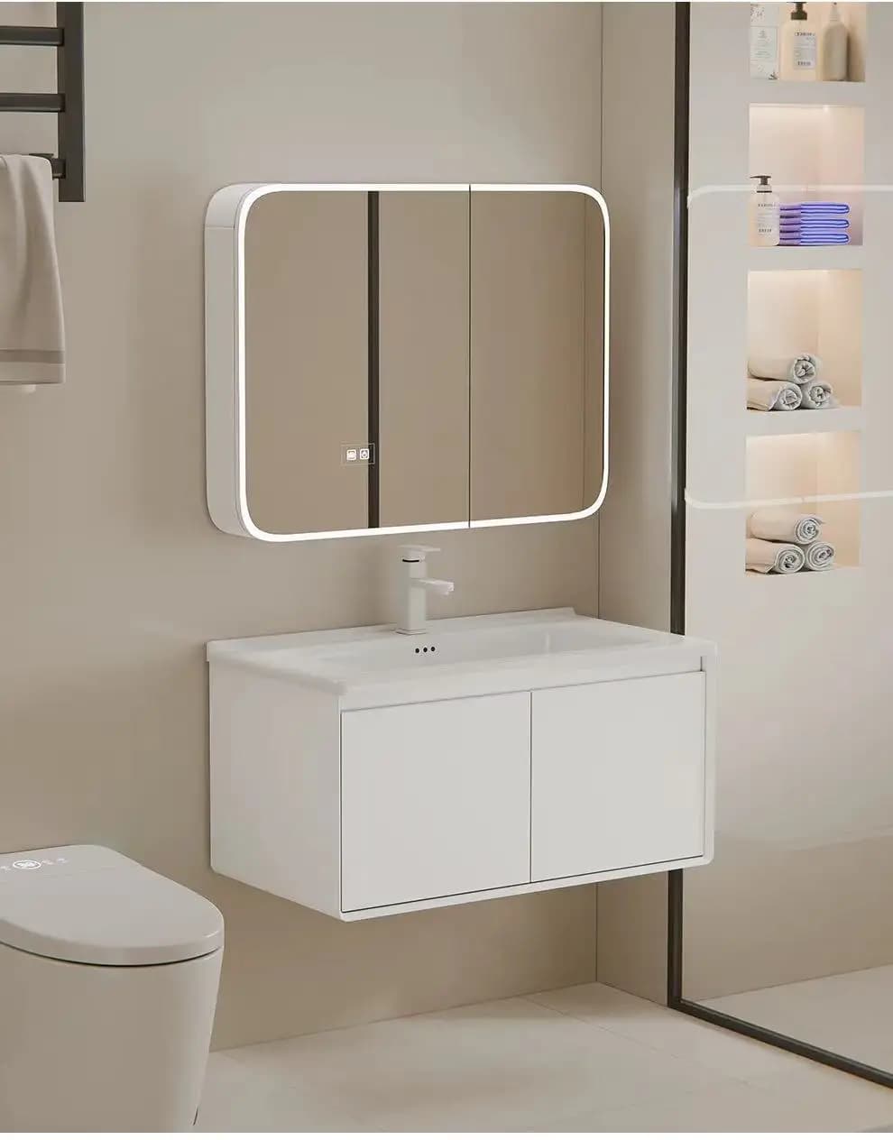 70cm Modern Minimalist Wall-Mounted Hotel Apartment Bathroom Vanity Unit White LED Illuminated Mirror Cabinet Countertop Storage