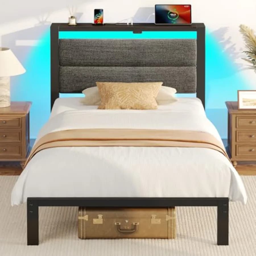 Struttura letto con stazione di ricarica, LED e contenitore, con doghe in metallo e spazio sotto il letto, senza molle a box.
