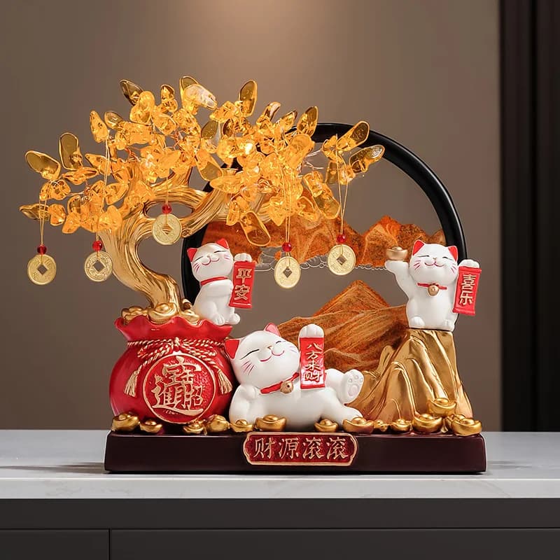 Feng Shui Creativo Lucky Cat Money Tree Pittura con sabbia Ornamento Soggiorno Home Office Armadietto del vino Mobile TV Regalo Decor Item