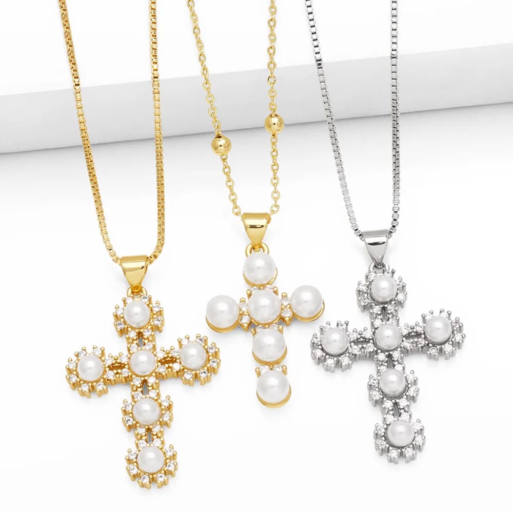 Collane con croce Color oro argento per donna collana con catena a scatola placcata in oro rame gioielli con perle regali per feste nkes63