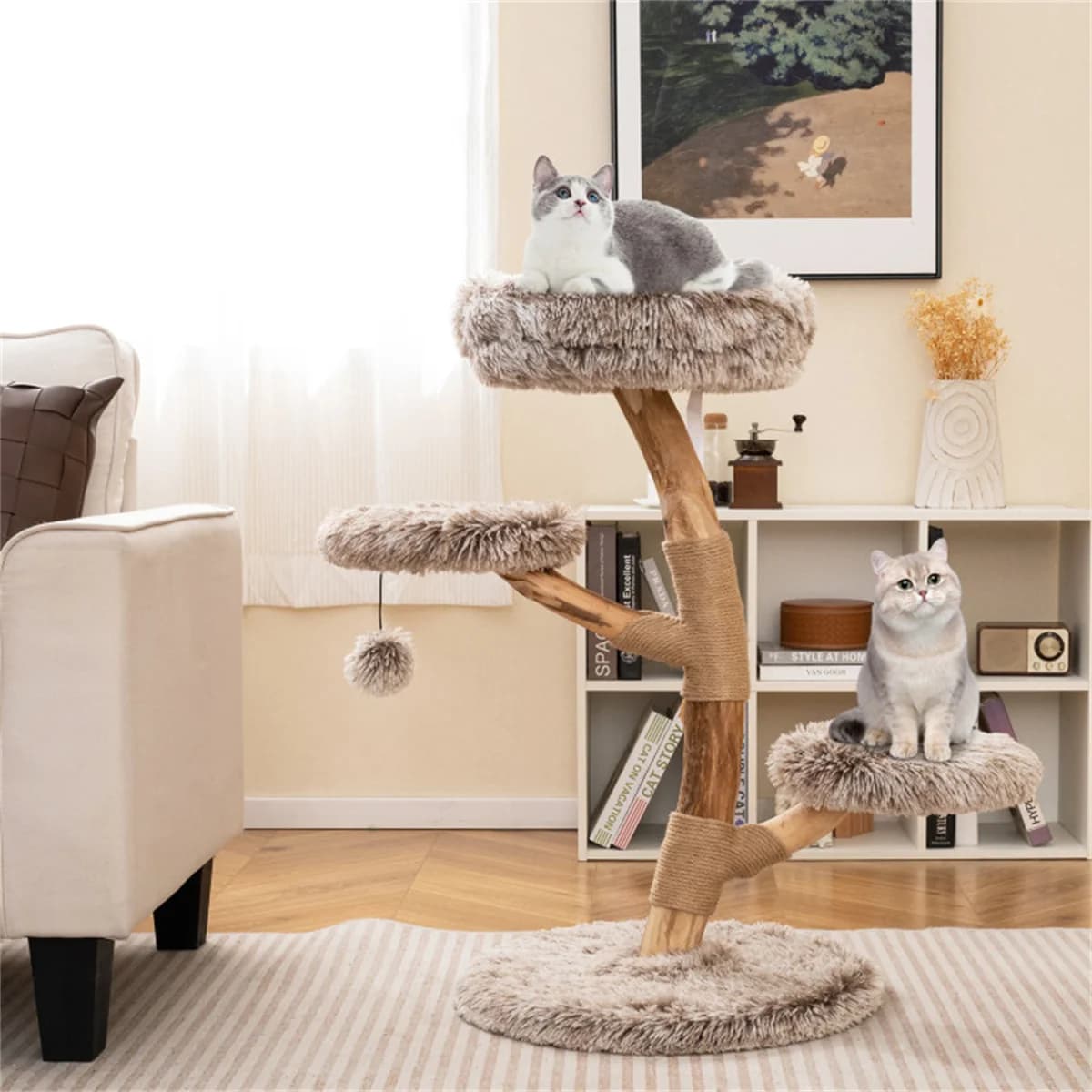 Albero per Gatti a 4 Livelli in Legno Naturale di Pero - 49,5x90 cm, con Tiragraffi in Juta + Palla in Peluche, Peluche Lungo