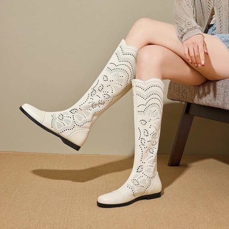 Nuovi Stivali da Donna Primaverili ed Estivi in Vera Pelle di Vacchetta con Tacco Basso, Taglie Grandi e Cerniera al Ginocchio, Traspiranti e Freschi