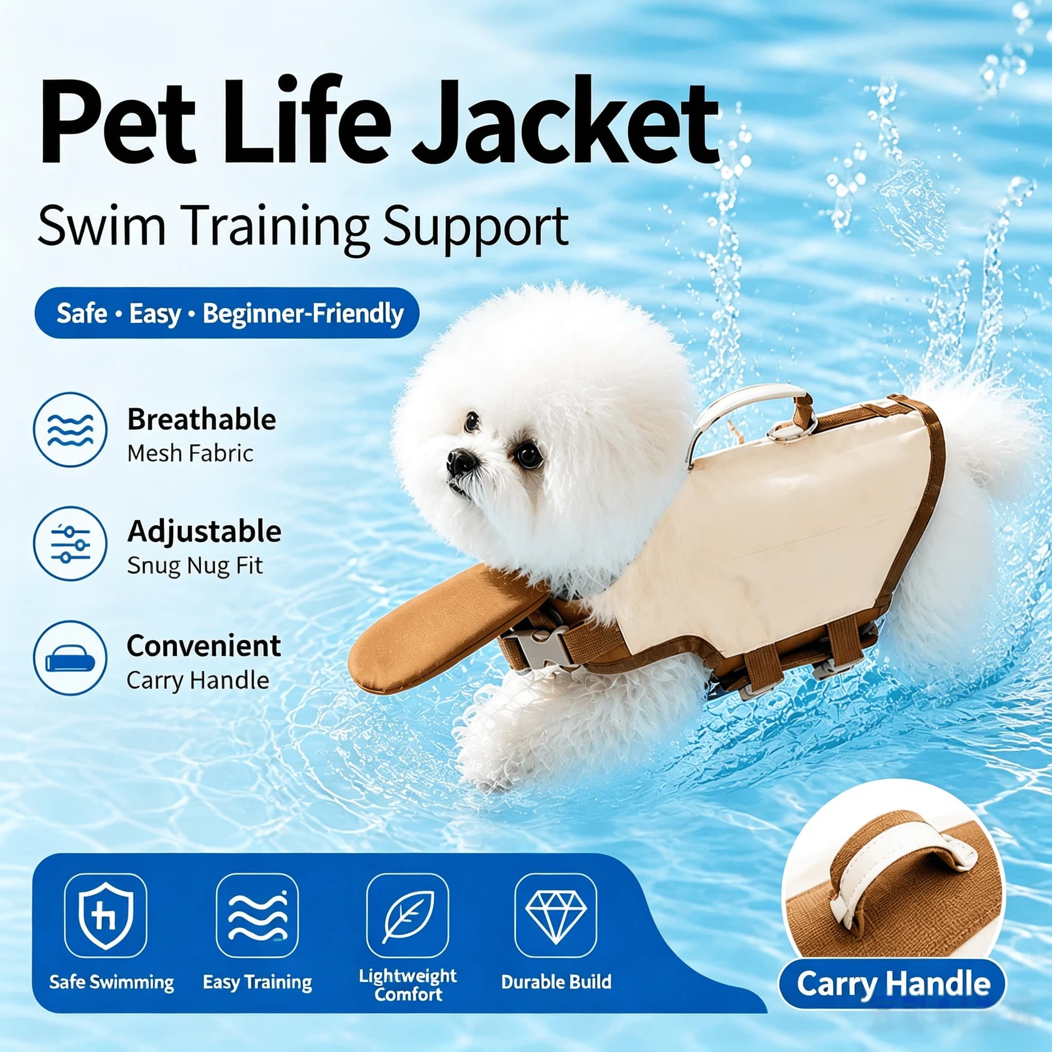 Adjustable Dog Life Jacket with Rescue Handle Pet Swimming Vest for Small Medium Dogs Breathable Safety Vest with Chin Float