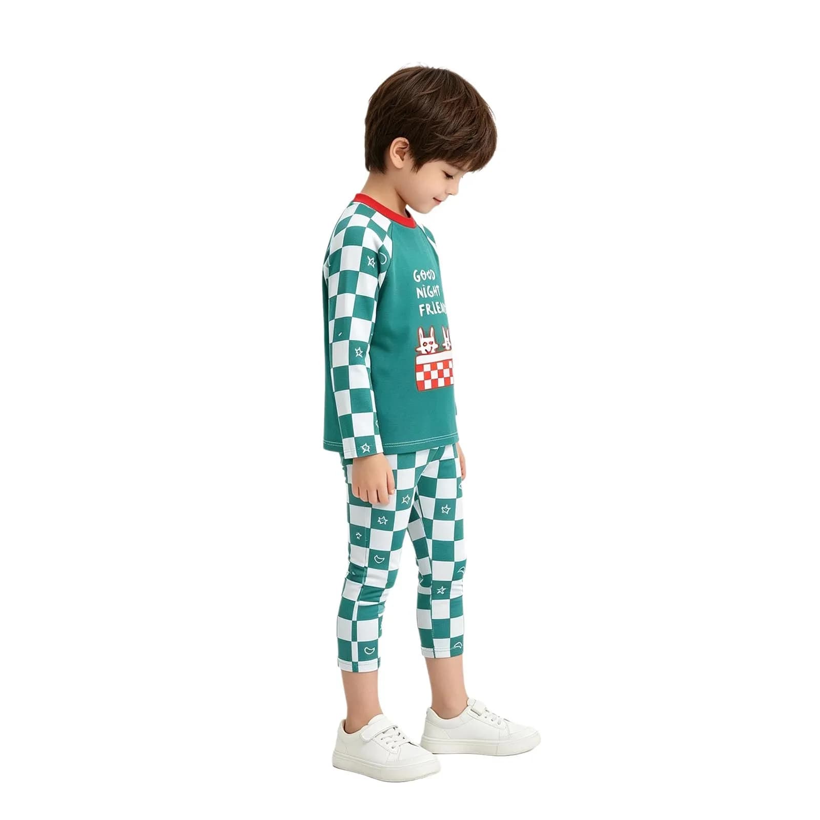 Kids 2 Pieces Swimsuit Boys Long Sleeve Print Tops with Checkered Pants Swimming Suit Swimwear for Beach Water Park Pool Party