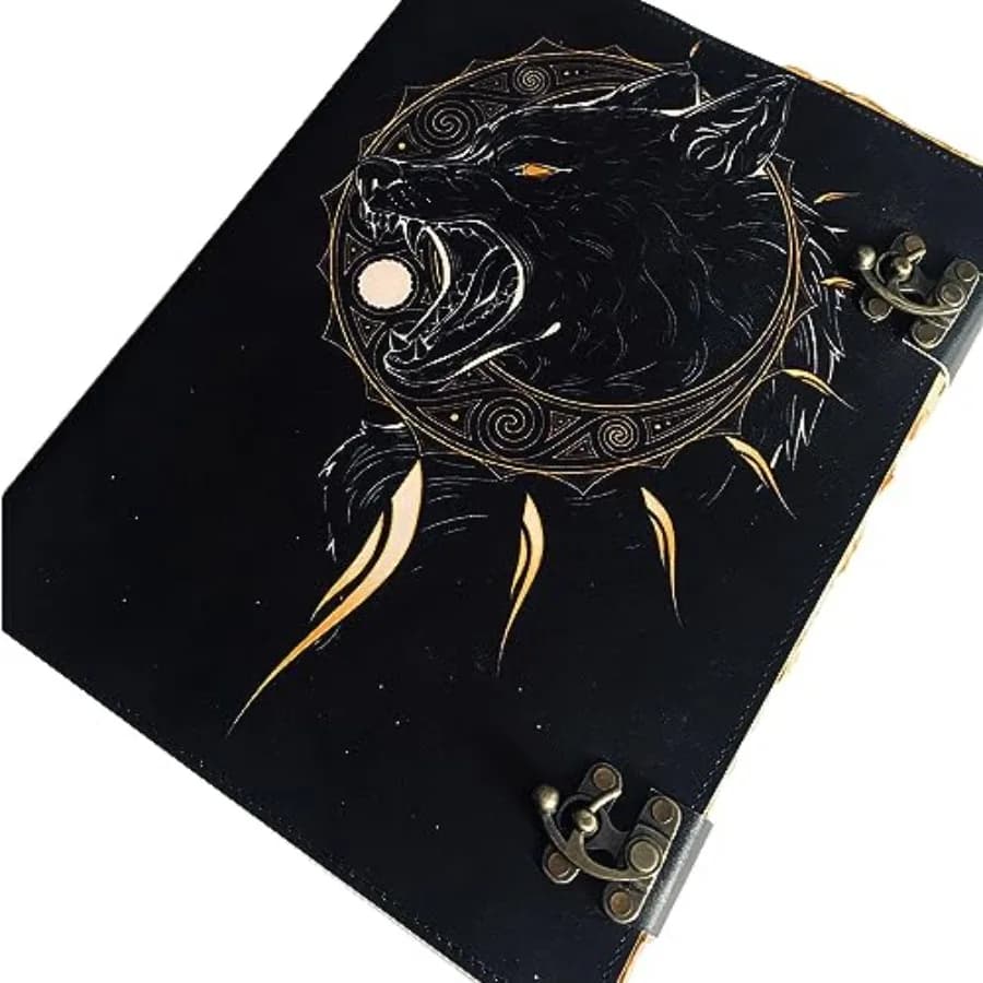 Black Wolf Leather Printed Leather Journal for Men and Women, 200 Pages Antique Handmade Deckle Edge Vintage Paper, Used as Ske