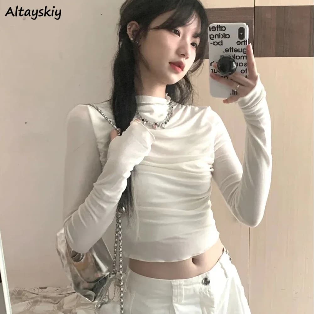Half High Collar T-shirts Women American Style Hot Girls Pleated Solid Slim Long Sleeve Crop Tops Spring Autumn Hotsweet Chic