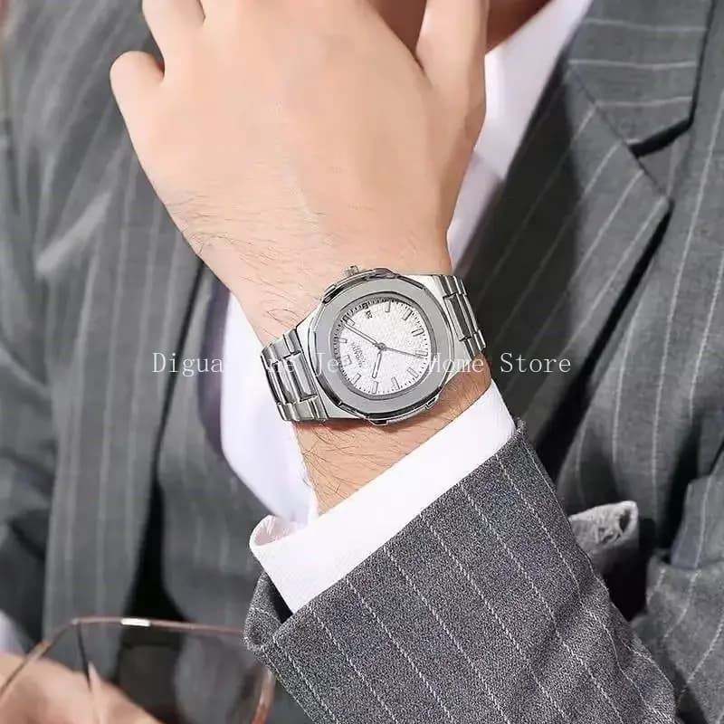 Orologi al Quarzo di Lusso alla Moda con Design Classico a Righe e Cinturino in Acciaio Inossidabile per Uomo Relogio