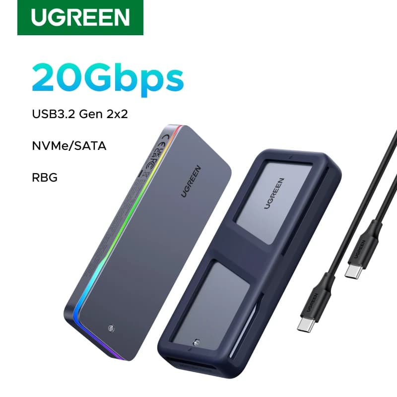 Custodia SSD UGREEN M.2 da 20 Gbps Adattatore per custodia SSD NVMe SATA Custodia esterna USB 3.2 Gen2 Supporta effetto di illuminazione RGB