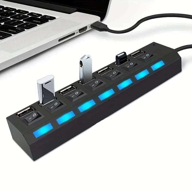 Hub adattatore USB 2.0 a 7 porte con luce LED con accensione e spegnimento indipendente per computer, tablet, laptop, supporta la trasmissione dati