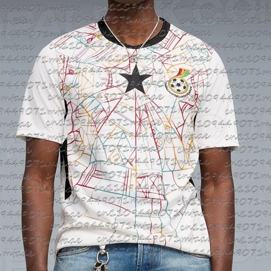 Soccer Jersey Ghana Man 2026 White with Geometric Pattern GFA Black Star Football T-shirt for AFCON Fans for Match Day and Streetwear