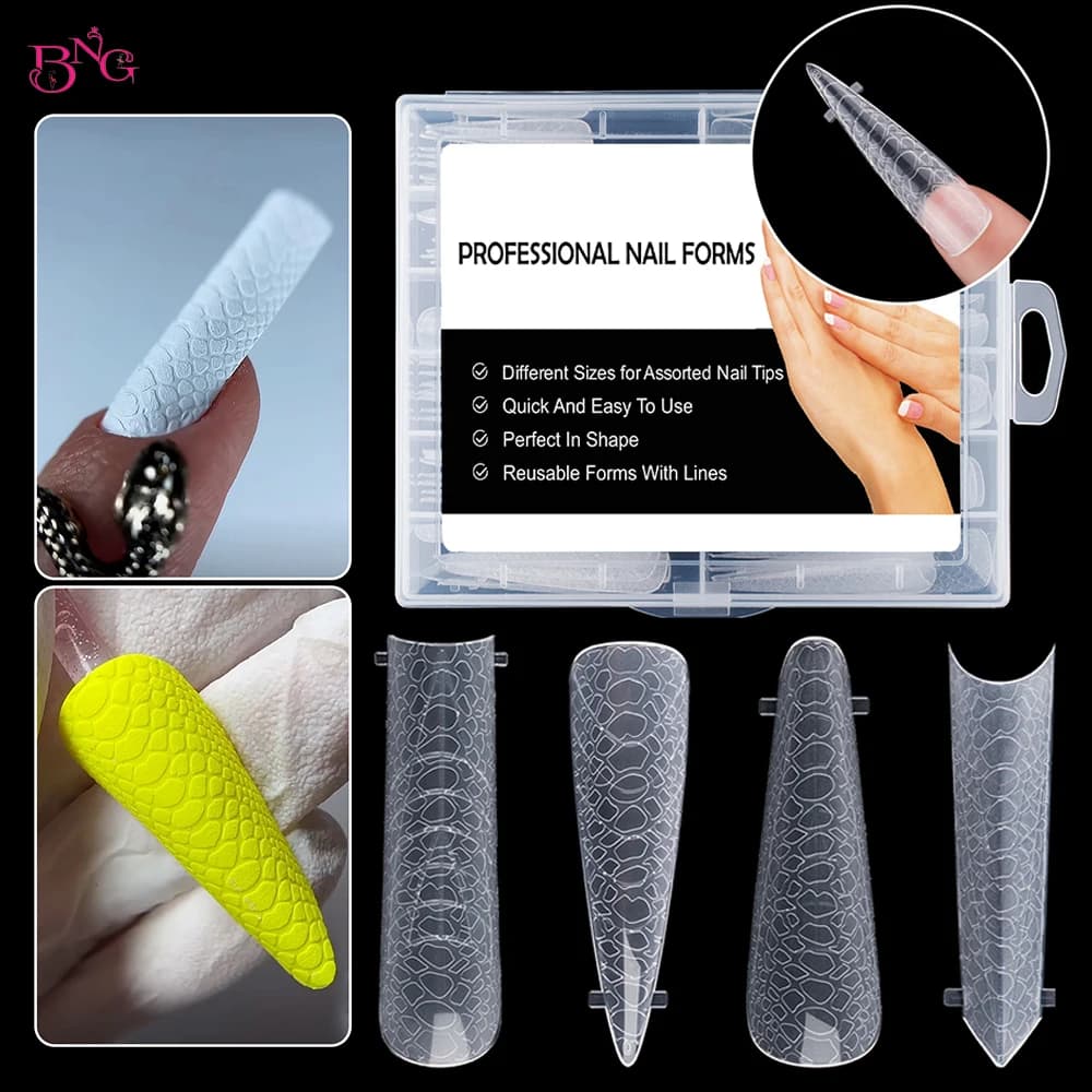 BNG 120 pezzi unghie a doppia forma per gel per unghie poli design in rilievo serpente forme superiori per estensione stampi per unghie acrilici strumenti per manicure
