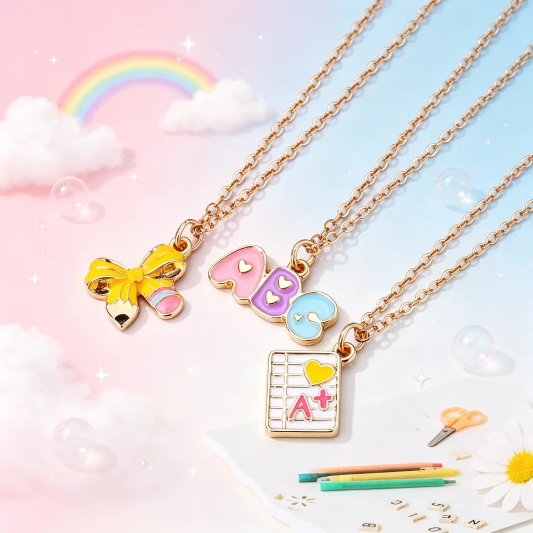 3 pieces/set cartoon cute back to school season gift enamel drip oil zinc alloy bow pencil book necklace set