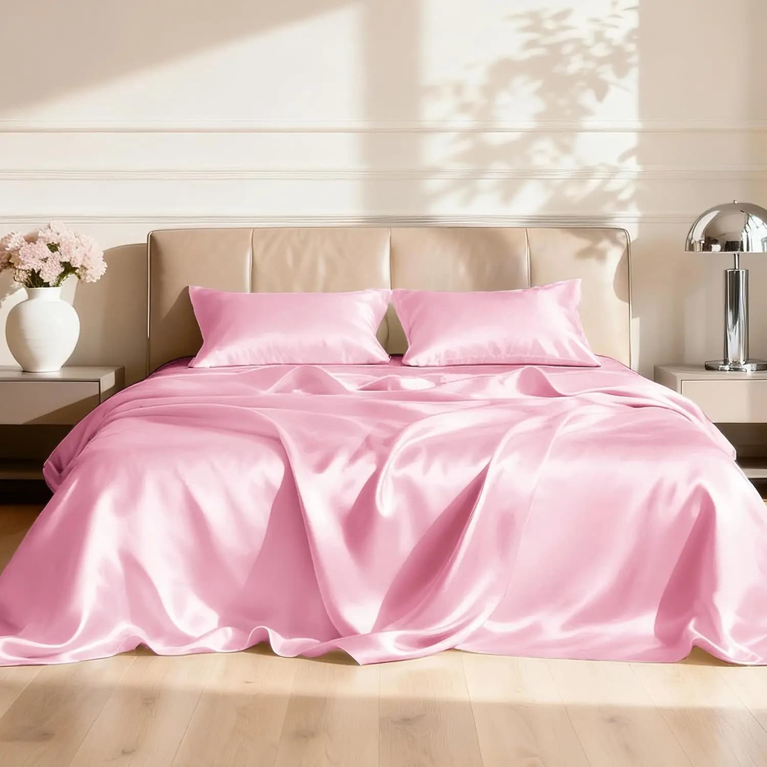 Satin Queen Sheets Set - 4 Piece Pink Silky Bed Sheets Set with Deep Pocket, Luxury Silk Feel Satin Queen Size Sheet Set (1 Flat