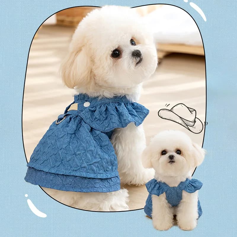 Abito estivo in denim per animali domestici: completo per cani e gatti con maniche volanti e anello al guinzaglio