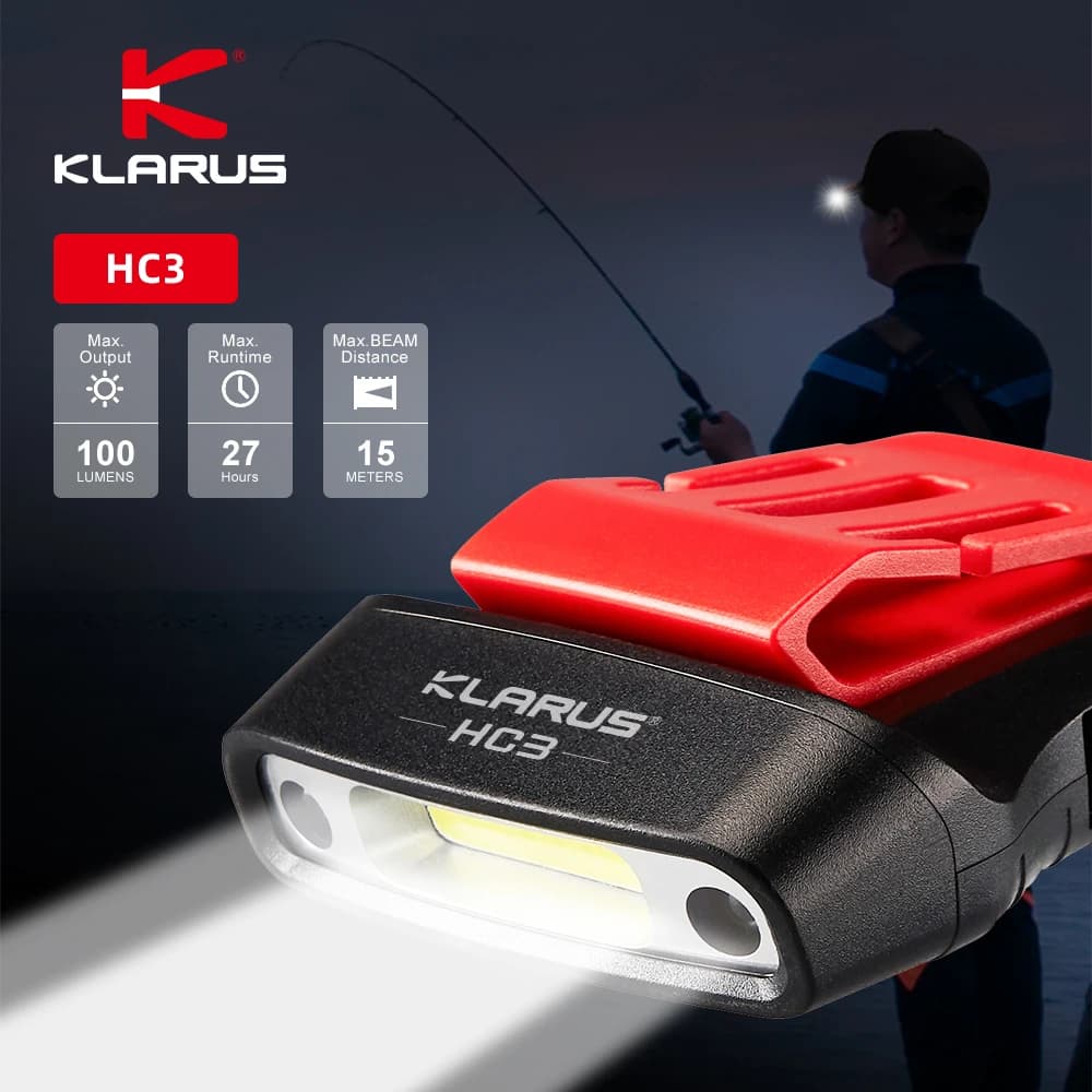 Klarus HC3 Rechargeable Motion Sensor Cap Visor Light - 100 Lumens COB LED Clip on Hat Light for Fishing Running Camping Reading