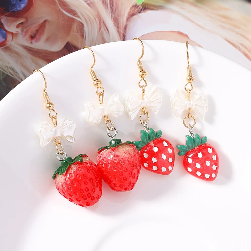 Aihua Korean Resin Bowknot Strawberry Drop Earrings for Women Kids Simulated Fruit Dangle Earrings Birthday Jewelry Accessories