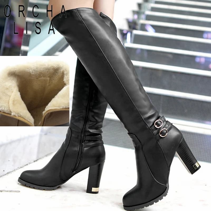 ORCHA LISA Women's Winter Thick Peel High Knee Heel Riding Boots PU Leather Hinge Long and Big Botas Female Black Brown 43