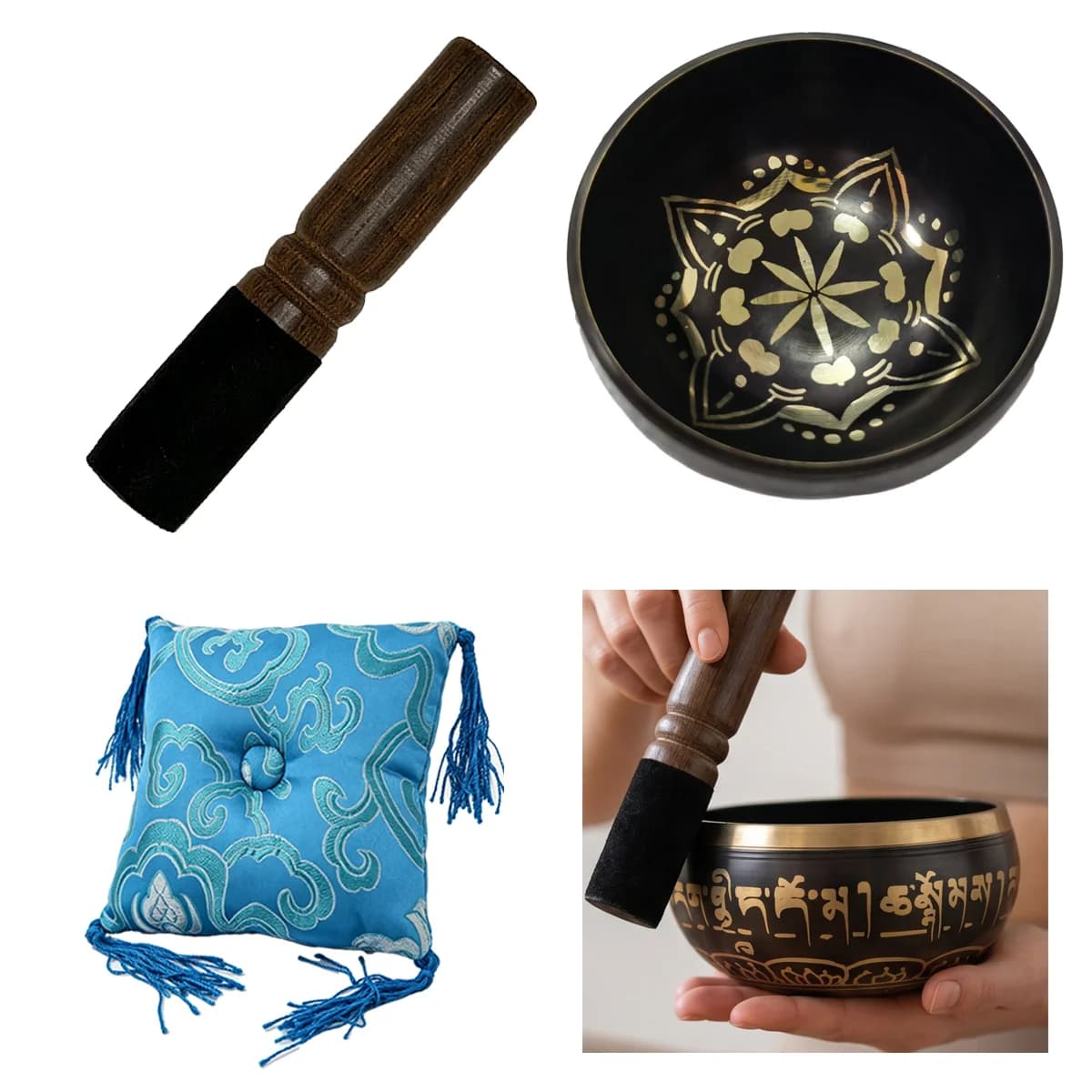 Miwayer 9.5cm Black-Gold Eight-Petal Lotus Singing Bowl Set Handmade Nepalese Sound Kit for Healing Meditation