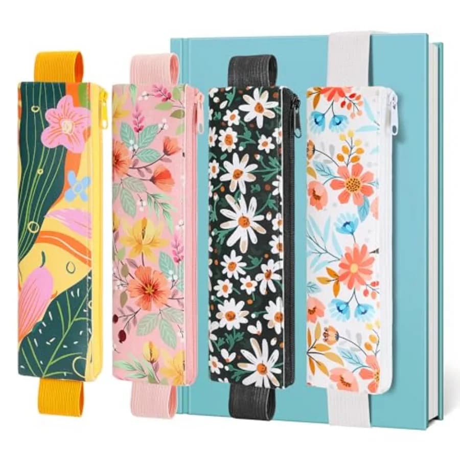 Elastic Pen Holder for Notebook, Bible Journaling, 4 Pack PU Leather Pen Holder with Adjustable Band, Zipper Pouch for Planners