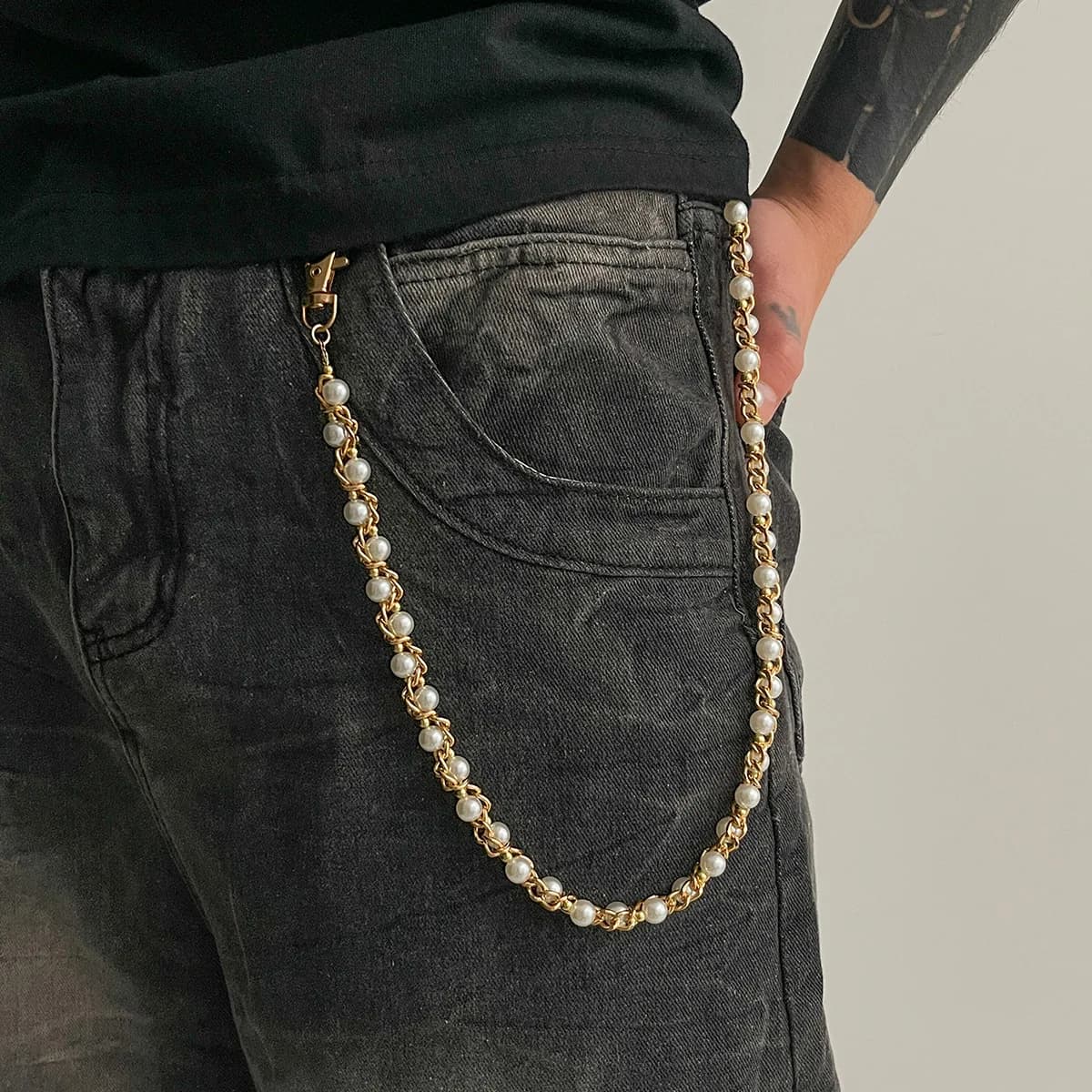 Catena per pantaloni personalizzata con perle, catena da uomo per jeans in stile hip-hop, catena da cintura da uomo, accessori.