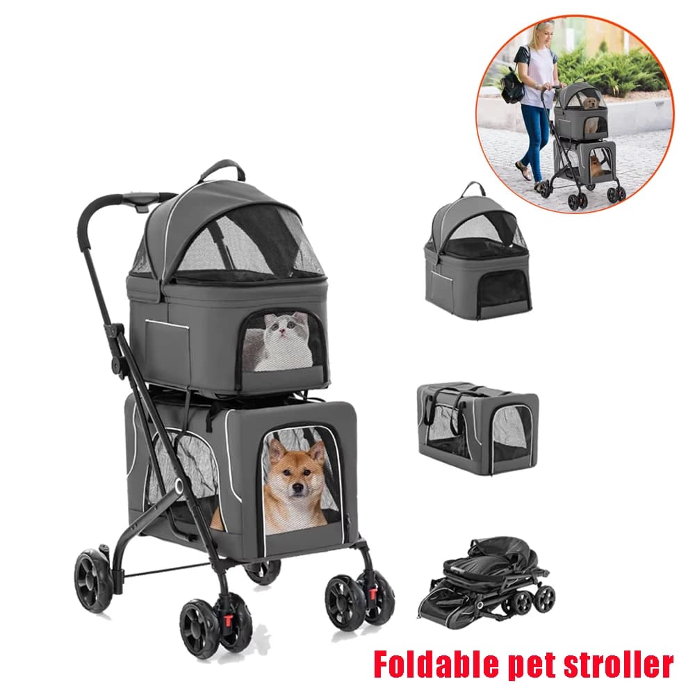 Passeggino Doppio per Cani Utopian 3 in 1, Lussuoso Passeggino per Gatti e Animali Domestici a 4 Ruote, Manubrio in Pelle PU, Ampia Tasca Posteriore per Viaggi