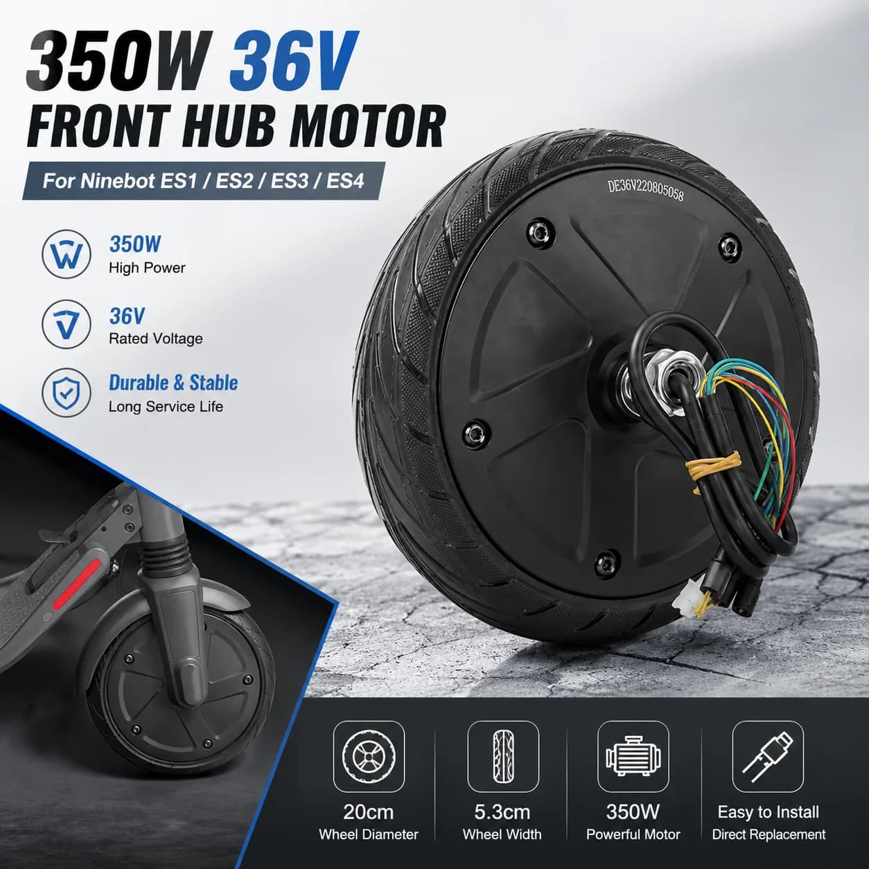 36V 350W Front Wheel Hub Motor Assembly for Ninebot ES1 ES2 ES3 ES4 Electric Scooter Replacement Part