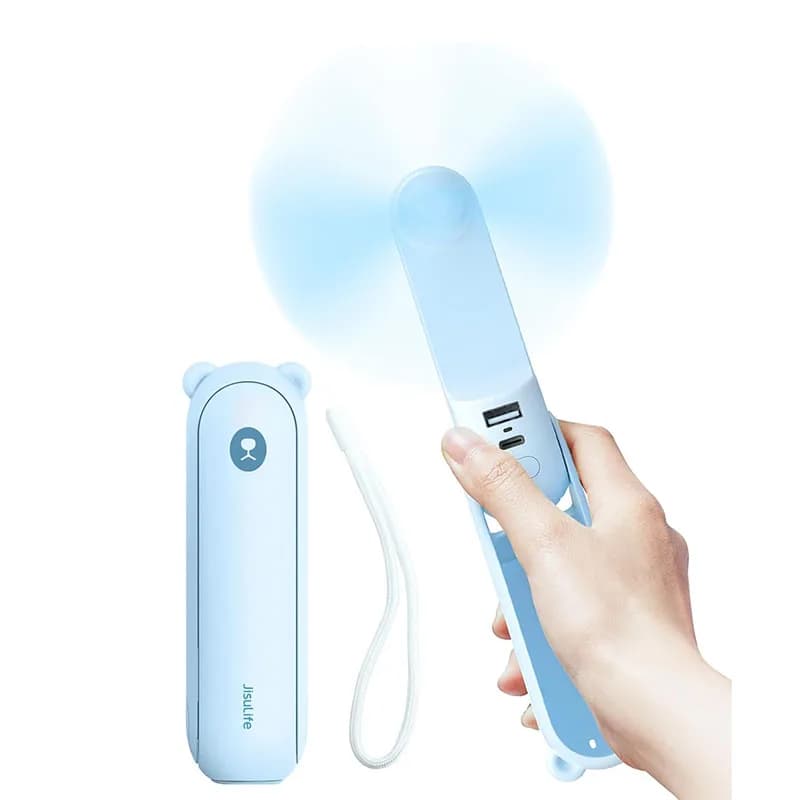 Ventilatore portatile JISULIFE, batteria da 4500 mAh, autonomia di 37 ore, 3 velocità, ventilatore personale pieghevole tascabile con torcia e power bank