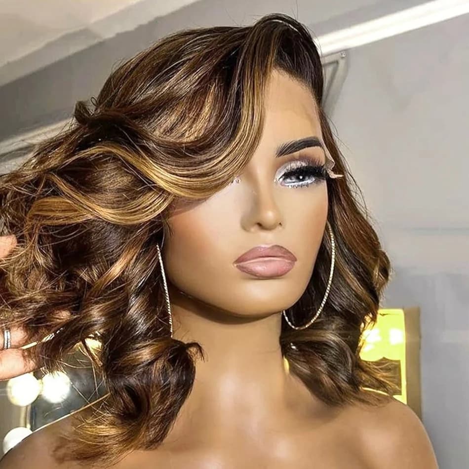 Body Wave Bob Wig Highlight Brown Short Cut Wavy 13x4 Transparent Lace Frontal Wigs 4/27 Color Mix Ombre Blonde 100% Human Hair