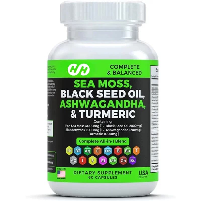 Marine Algae Supplement Mixed with Black Seed Oil, Bladder, South African Eggplant, Curcuma, Bardana, Vitamin C and D3