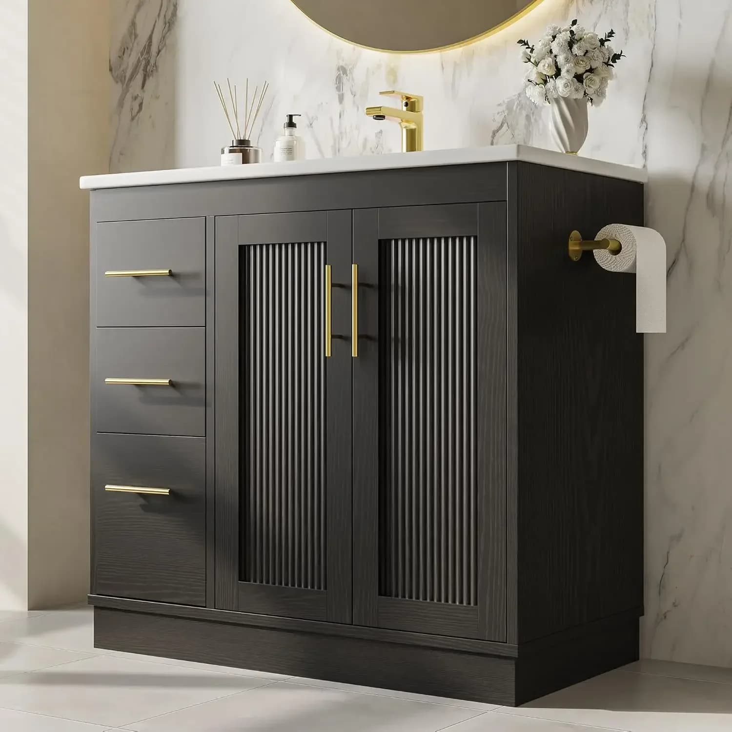 Mobile da Bagno con Lavabo, Ante, Cassetti, Ripiano e Porta Carta Igienica