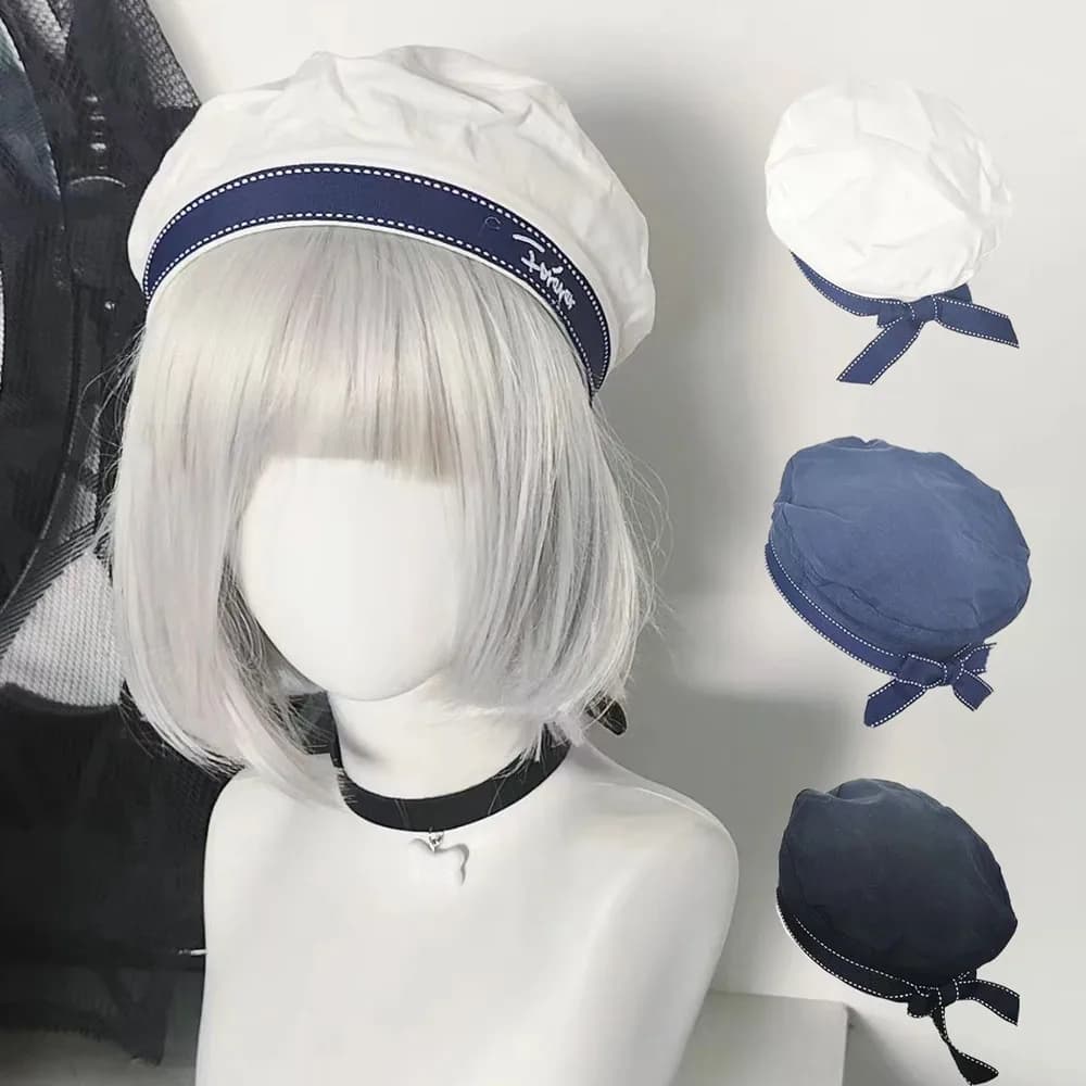 Cappello Berretto Giapponese Blu e Bianco, Cappello da Marinaio Estivo con Protezione UV, Cappello a Cupola con Fiocco, Accessorio Moda Donna