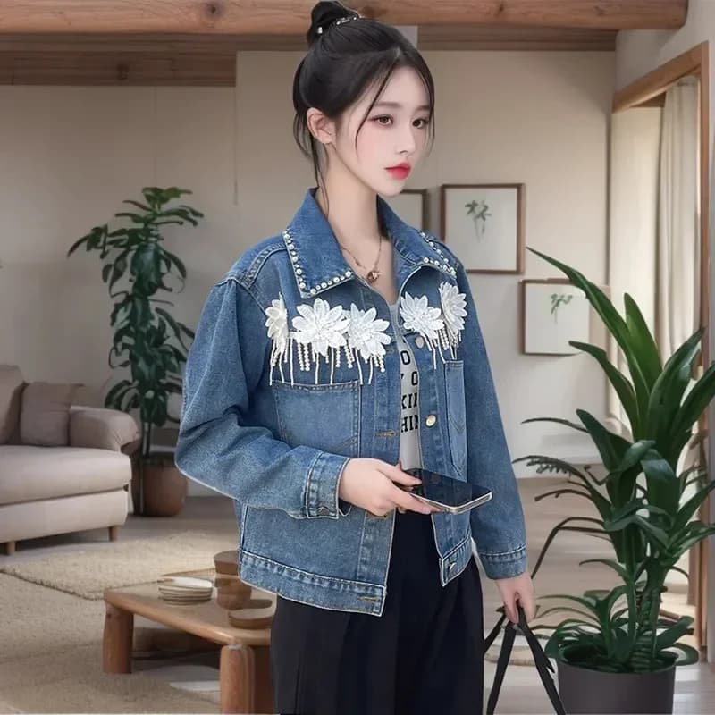 Pop Heavy Industry 3D Flower Nail Bead Hot Diamond Cowboy Coat For Women's Spring And Autumn 2025 New High End Versatile Jacket