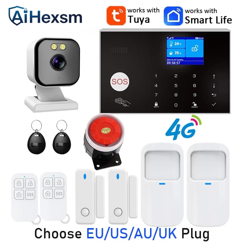 4G GSM Tuya WIFI Waterproof camera Wireless Menu Home Burglar Security Alarm System PIR Motion Smart Life App Control With Alexa