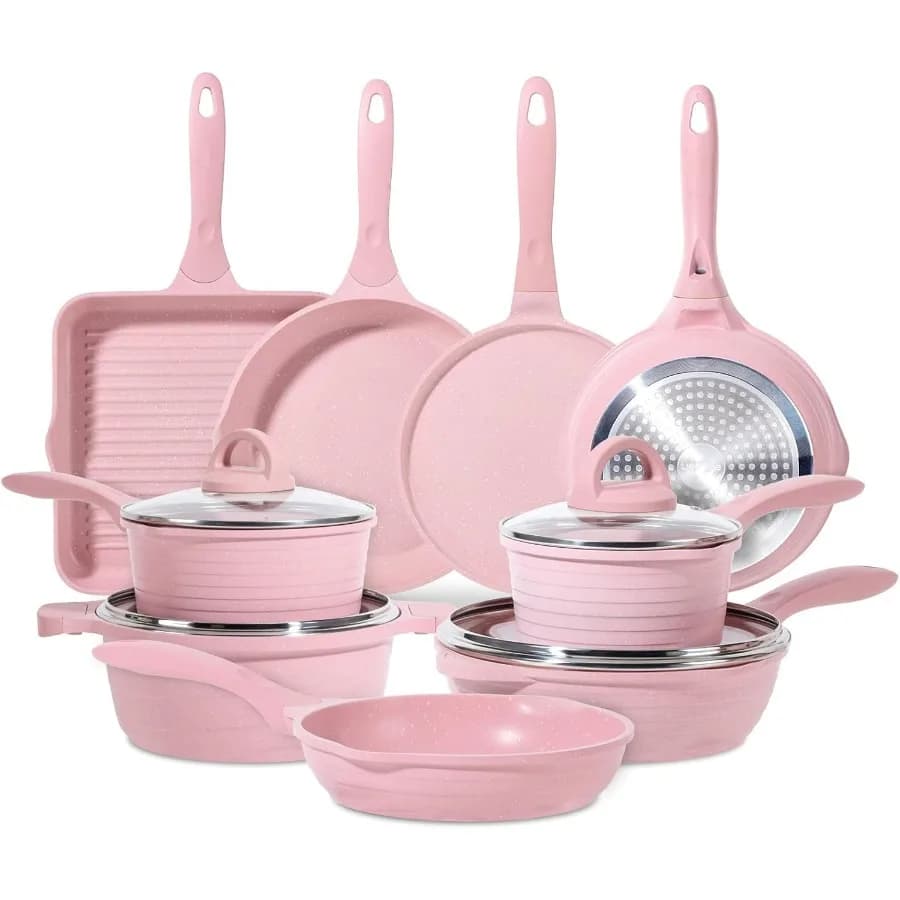 Set of non-stick pink pots and pans 23 pieces, set of healthy cooking pots, induction kitchen set Rose pans, pots, jumps and