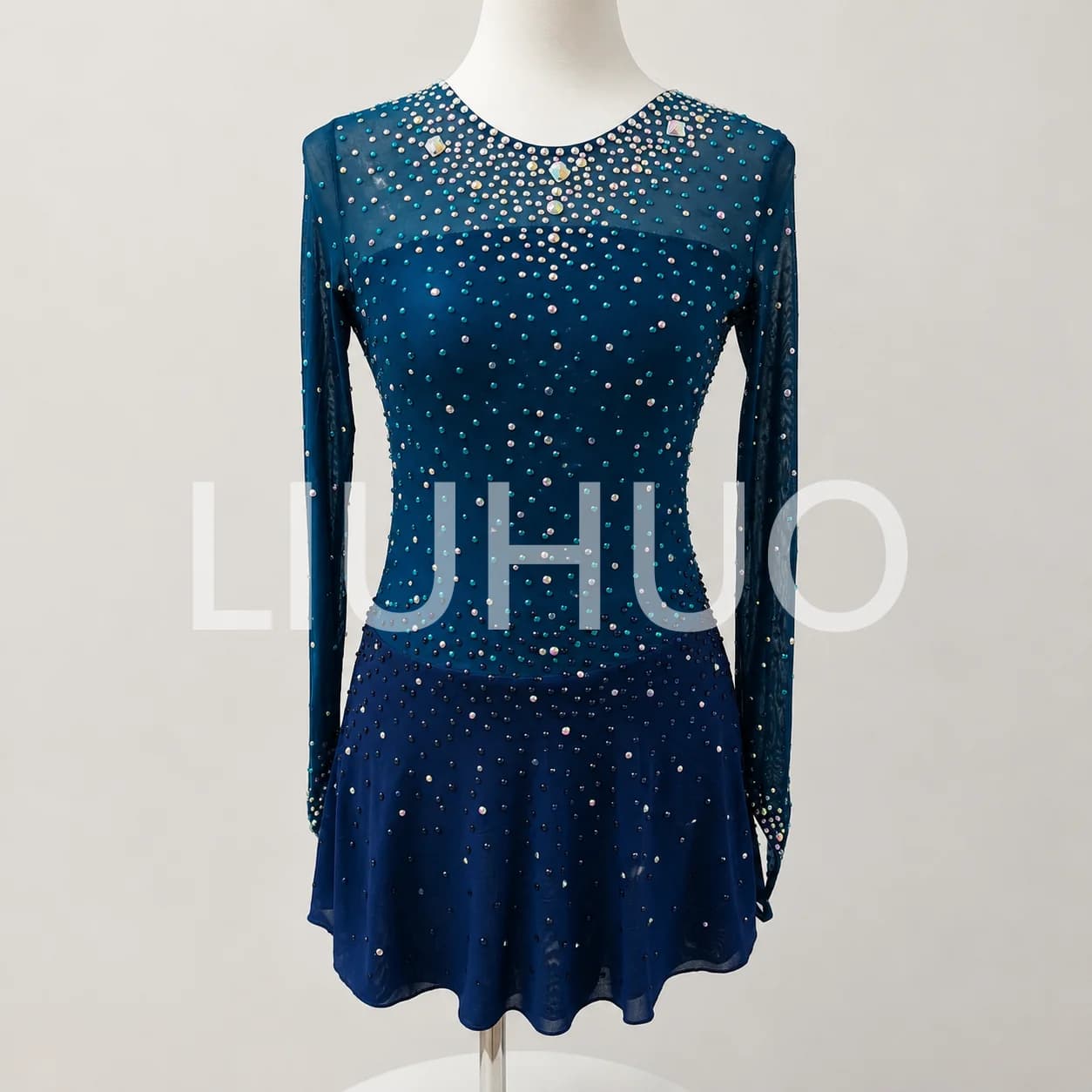 LIUHUO Ice Figure Skating Dress Girls Blue Mesh Long-Sleeved Competition Performance Training Clothes Children Adults JC479