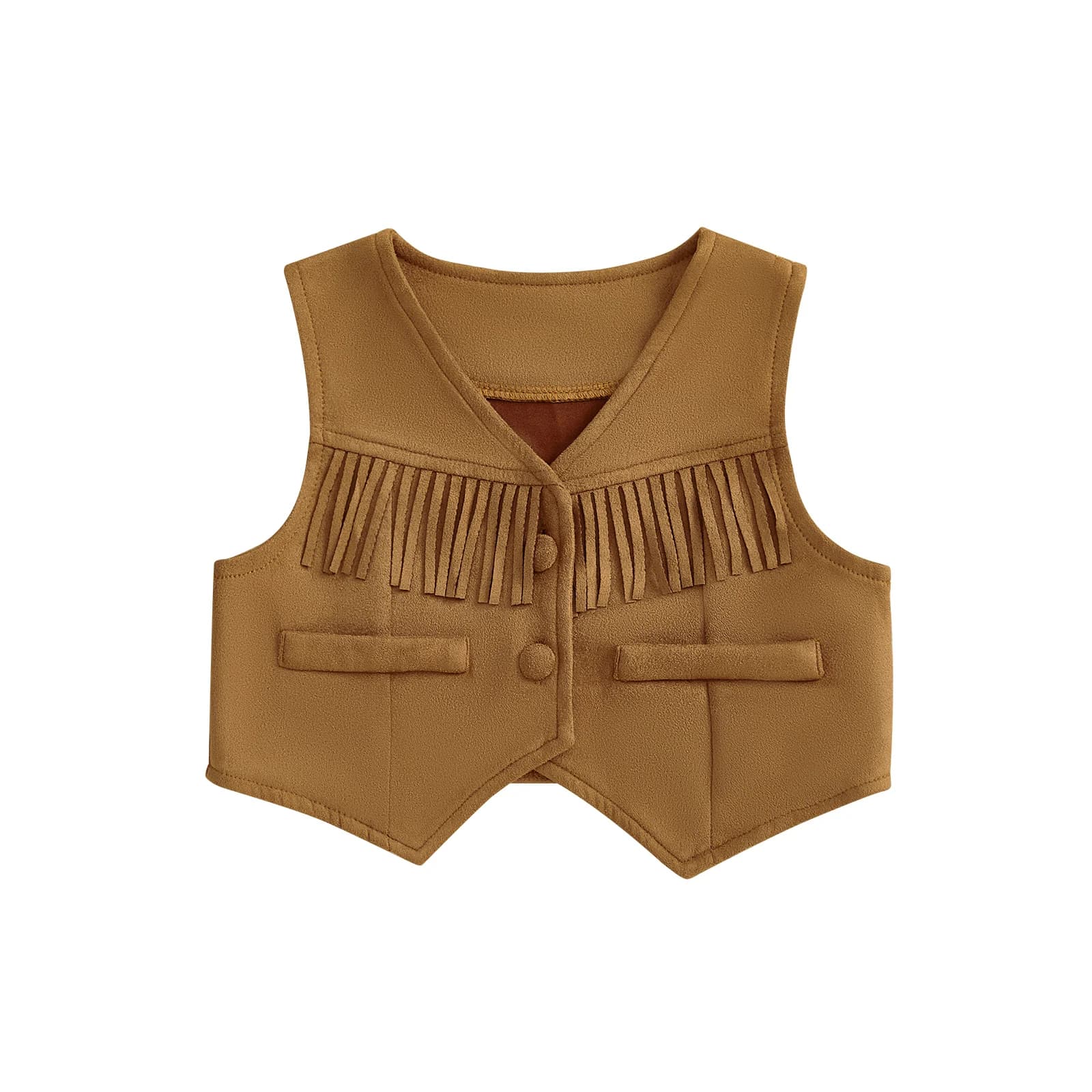 Gilet in camoscio per bambini e bambine, tinta unita, con bottoni e nappe, stile western, scollo a V, senza maniche, 6M-4T