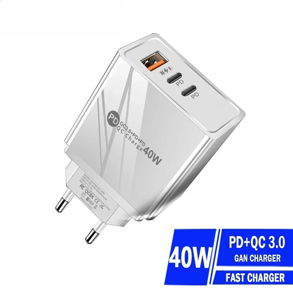 Caricatore Rapido 40W a 3 Porte QC3.0 2 PD USB C, Adattatore da Muro con Spina US/EU per iPhone 15 14 Xiaomi 14 Ultra Samsung Huawei Oppo