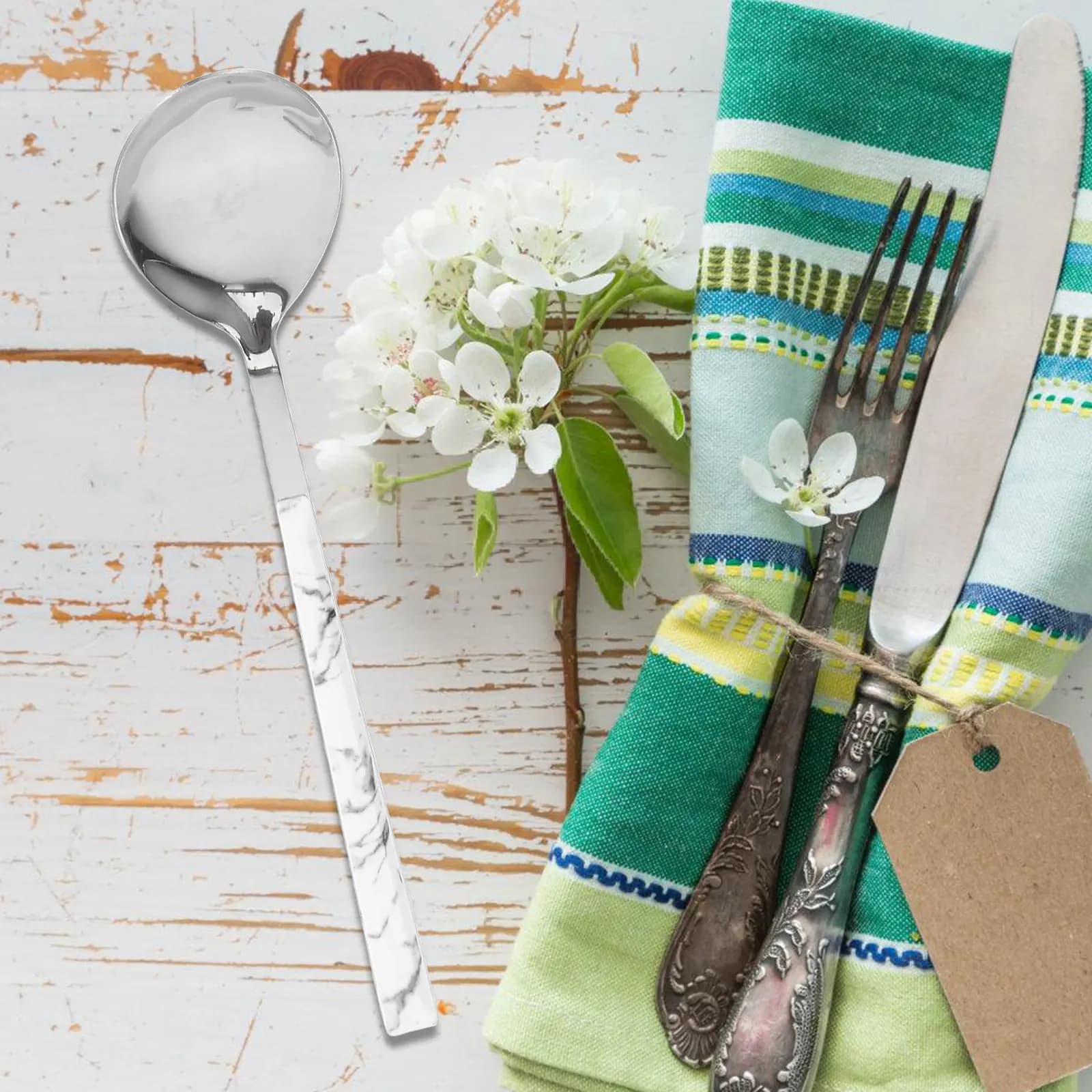 1 set of cutlery in stainless steel with marbled pattern, fork, knife, spoon, portable cutlery for steak, kitchen utensils