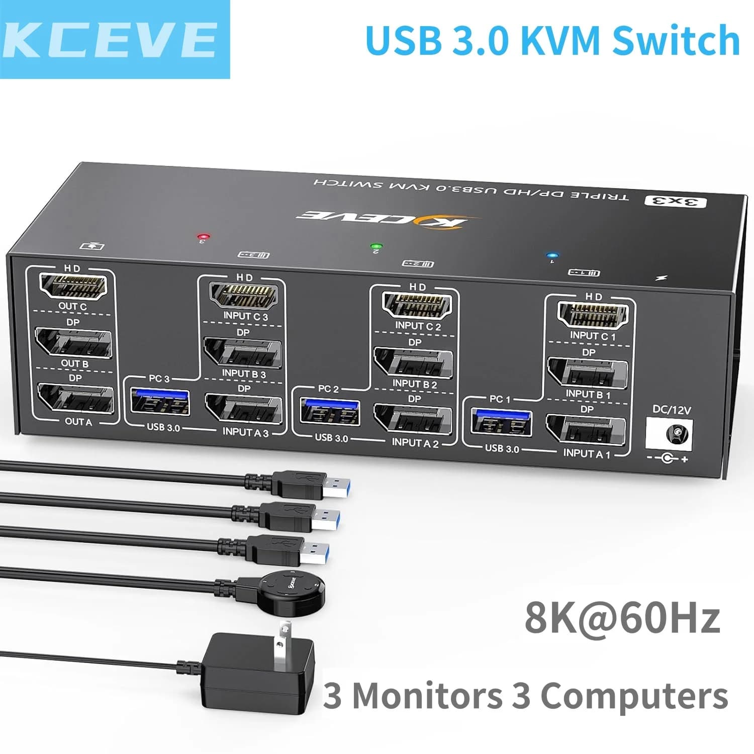 KCEVE HDMI USB 3.0 KVM Switch 3 monitor 3 computer 8K@60Hz 4K@144Hz Triplo monitor KVM con 4 porte USB 3.0 KVM Tripl