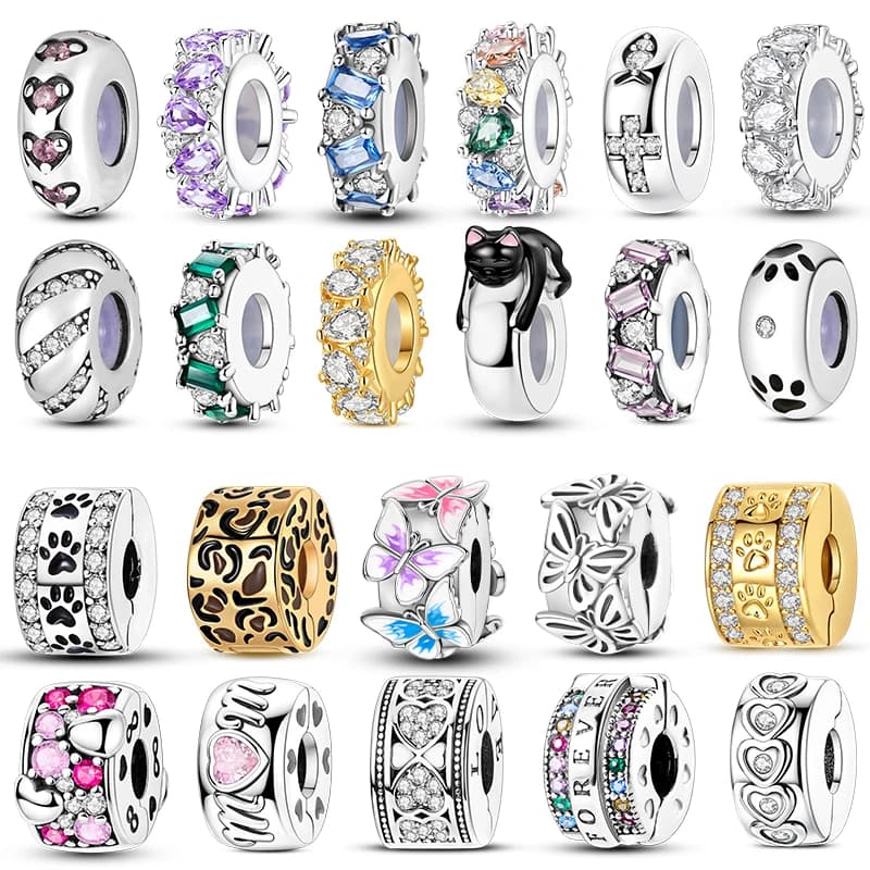 Charm in Argento Sterling 925 con Fermaglio a Clip, Perline in Gomma Siliconica, Zirconi, Farfalla e Croce per Braccialetti Fai-da-Te da Donna