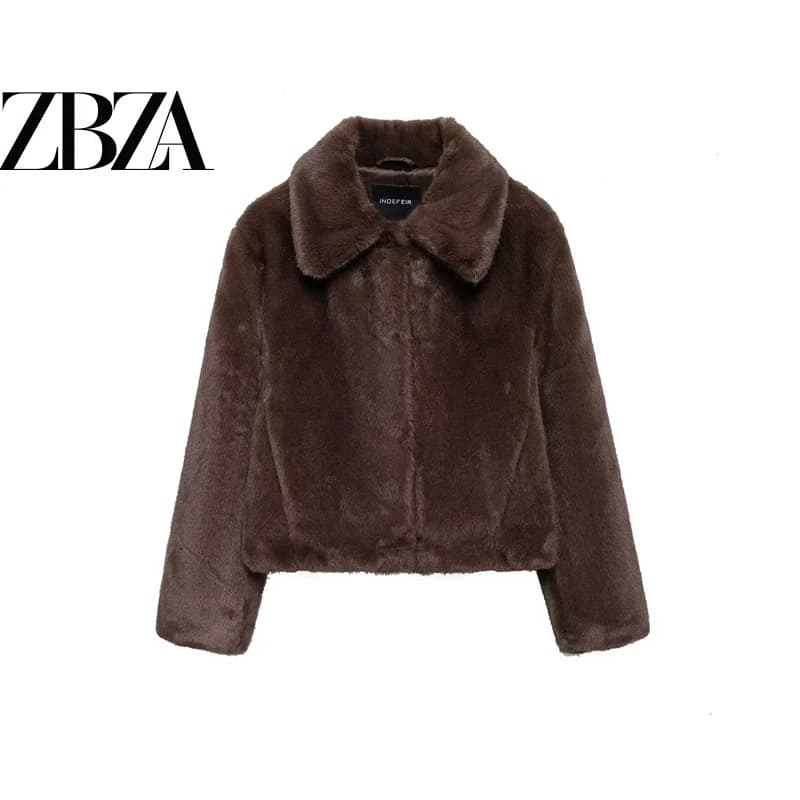 Elegant Long Sleeve Faux Fur Effect Jacket Collared Short Outerwear for Women Straight Cut European Style Polyester Fiber