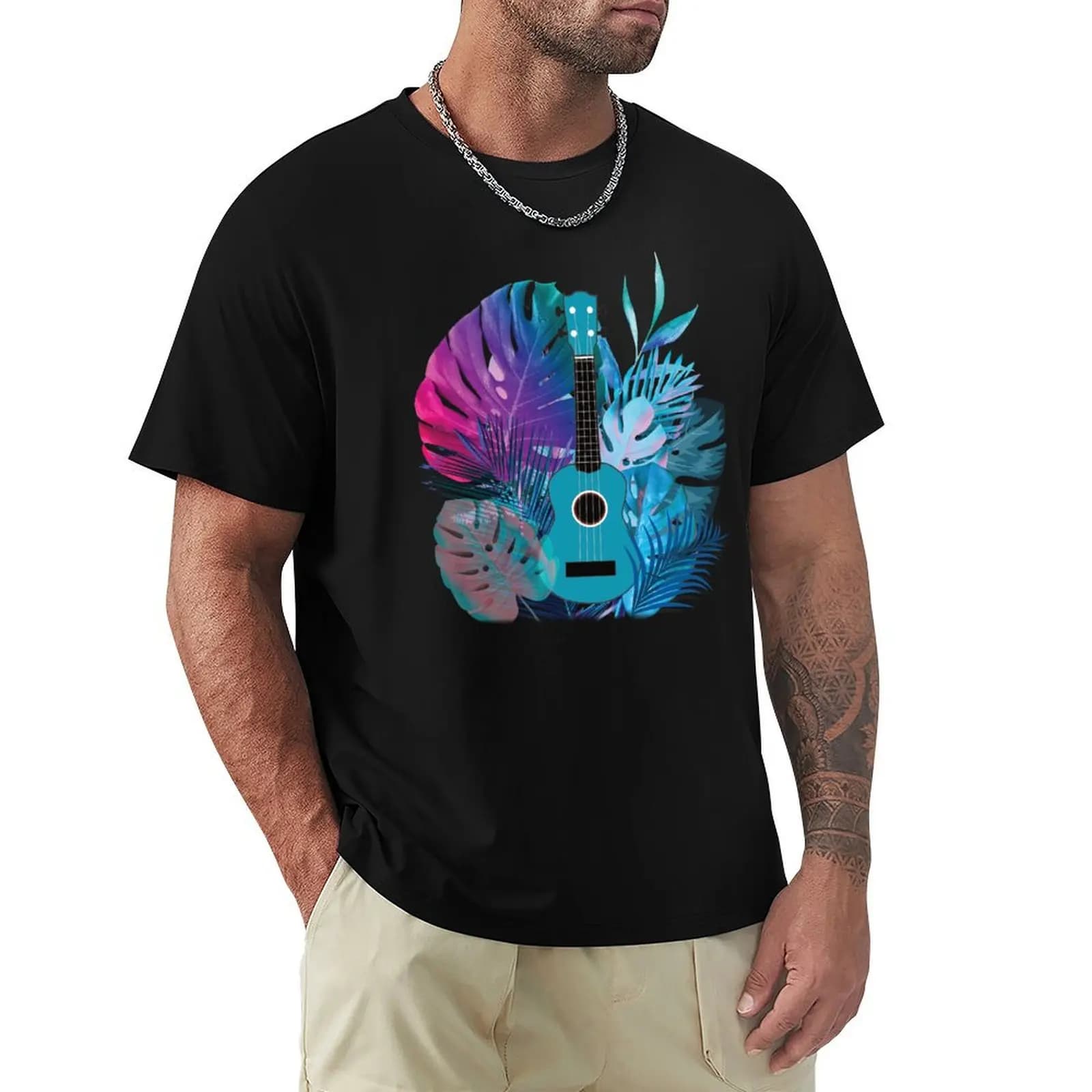 T-shirt con stampa di nature morte con ukulele, maglietta con protezione solare UV