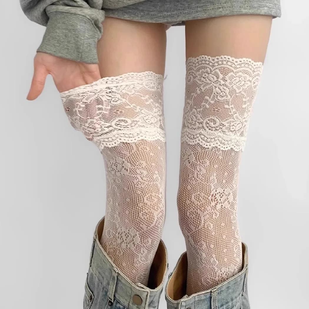 Socks Woman Autumn/Summer Solid Color Thigh High Lace Stockings Women Over The Knee Stockings Lolita Girls Long Leg Boot Socks