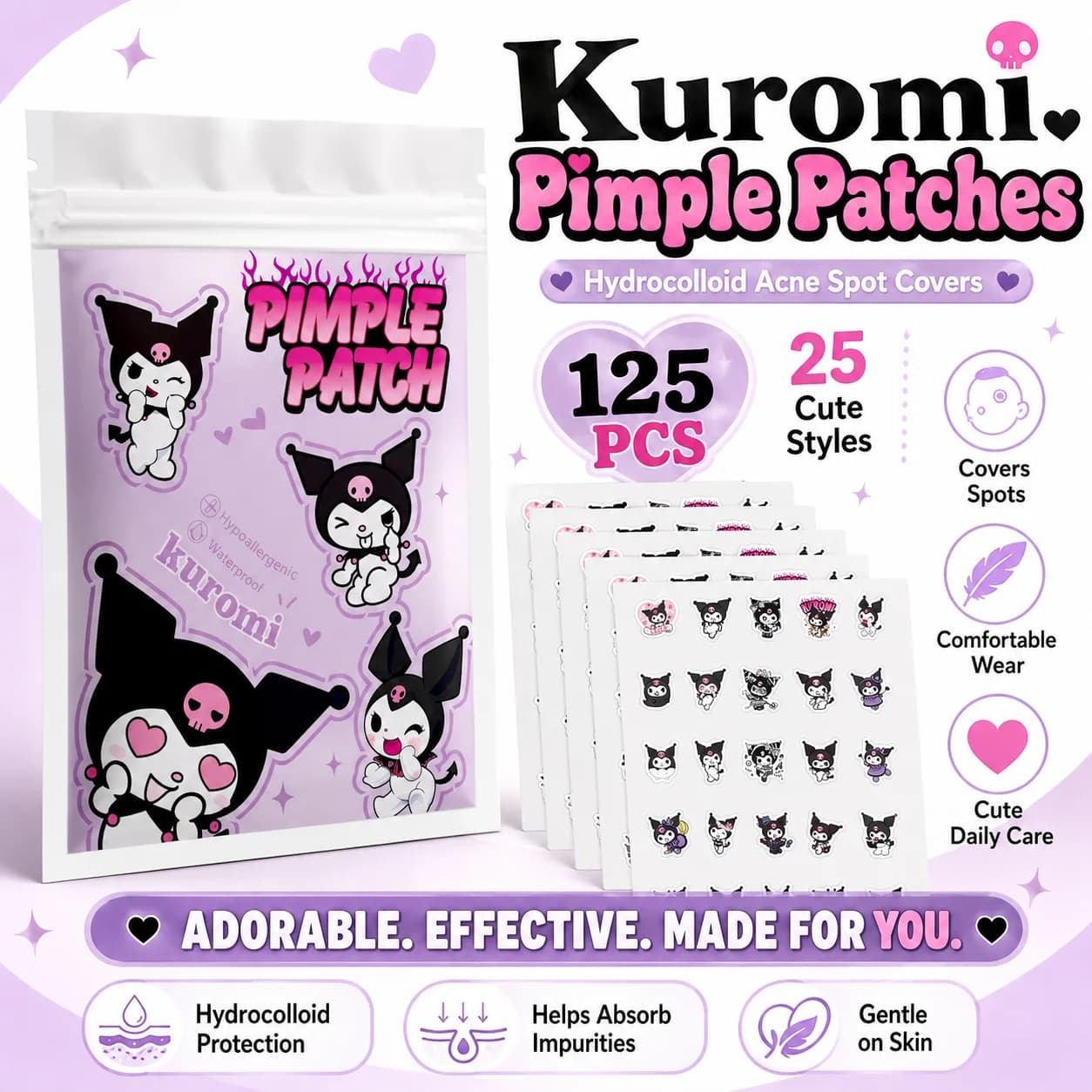 125 cerotti Hello Kitty per l'acne, cerotti viso per l'acne, cerotti idrogel per la rimozione dell'acne, correttore